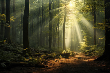 Morning in the forest with sunbeams and rays of light, A deep, mysterious forest with rays of sunlight filtering through the trees, AI Generatedの素材