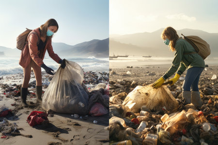 Volunteers collecting garbage on the beach in the morning. Concept of pollution of the environment, AI Generatedの素材