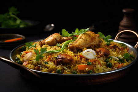 Rice with chicken and vegetables on black background. Indian cuisine, Indian chicken biryani with rice and vegetables on a black background, AI Generatedの素材