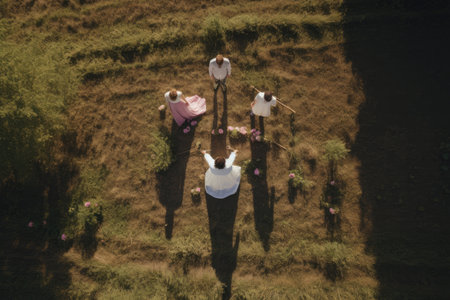 Aerial view of a group of people walking in the countryside, AI Generatedの素材