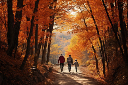 Family walking in the autumn forest. Happy family walking in autumn forest, A family hiking in an autumn-colored forest, AI Generatedの素材
