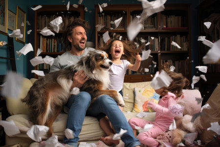 Happy Family Having Fun Playing With Their Dog In The Messy Room, A family experiencing the joy and chaos of a new puppy, AI Generatedの素材