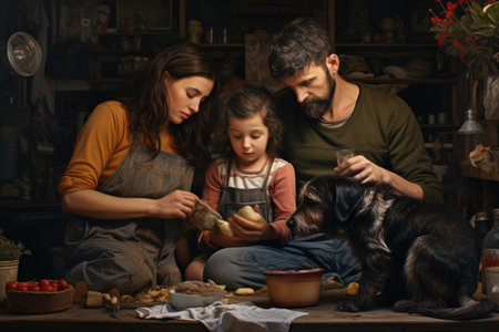 Young family with two children and a dog in the kitchen at home, A family learning to care for a new puppy, AI Generatedの素材