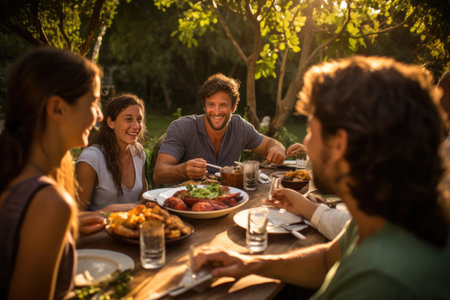 Cartoon scene with people having dinner in the forest illustration for children, A family reunion with a feast games and laughter, AI Generatedの素材