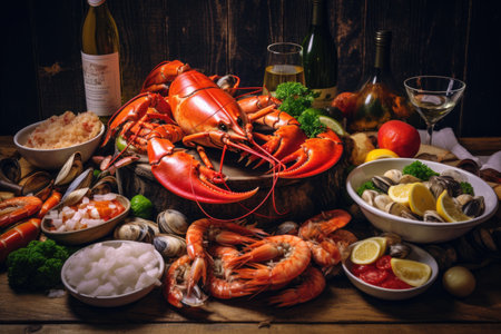 lobster on a wooden barrel with seafood and wine on a dark background, A feast of seafood including crabs, mussels and shrimp, AI Generatedの素材