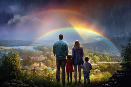 Family standing on a fence looking at a rainbow over the lake and mountains, A family viewing a rainbow after a downpour, AI Generatedの素材