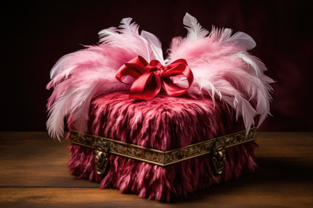 Gift box with pink feather boa and golden bow on wooden table, A fancy Valentines Day gift box with a feathered, AI Generatedの素材