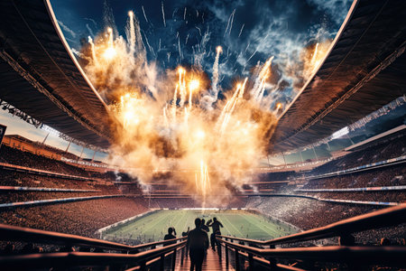 Stadium lights and fireworks at night. Mixed media. Mixed media, AI Generatedの素材