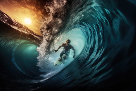 Surfer on a surfboard in the ocean. 3d rendering, An underwater perspective of a surfer riding a wave, AI Generatedの素材