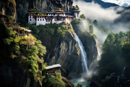 Buddhist temple on the edge of cliff. 3D rendering, AI Generatedの素材