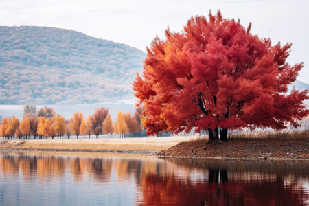 Autumn landscape with red tree on the bank of the lake, AI Generatedの素材