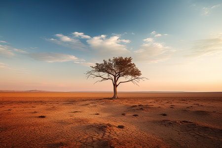 Lonely tree in the middle of a dry desert at sunset, AI Generatedの素材