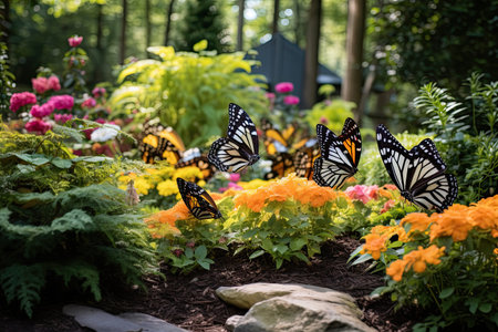 Butterflies on flower bed in the garden. Selective focus, AI Generatedの素材