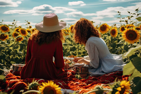 Little girl in a sunflower field with a basket of sunflowers, AI Generatedの素材
