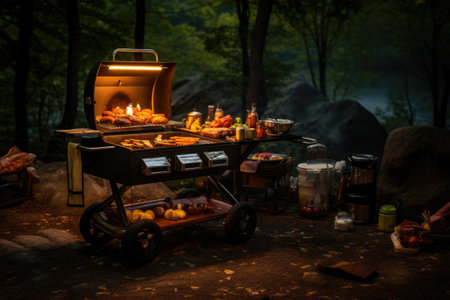 Cooking food on a barbecue grill in the forest at night, AI Generatedの素材