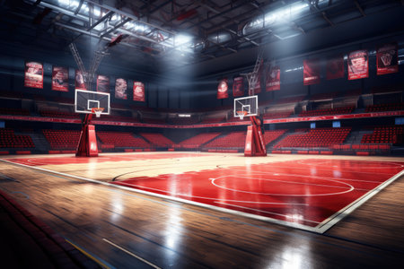 Interior of a basketball court with red seats and lights. 3d rendering, AI Generatedの素材