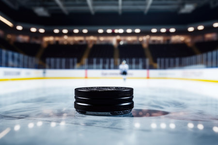 Ice hockey puck on ice hockey rink background, sport concept, selective focus, black hockey puck on ice rink, AI Generatedの素材