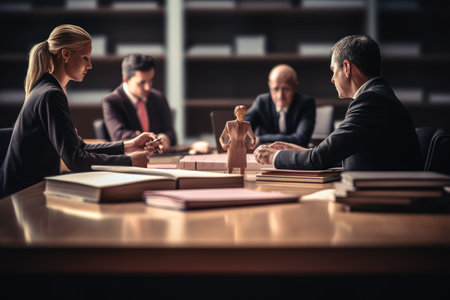 Businessman and businesswoman working together in office. Lawyer and attorney concept, Business discussion on a working table in a close-up shot, top section cropped, AI Generatedの素材