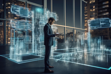 Businessman using tablet computer with digital city hologram over night city background. 3D Rendering, Businessman analyzes profitability of working companies with, AI Generatedの素材