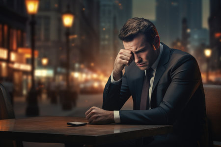 Stressed businessman sitting at a table in a cafe at night, Businessman in depression, AI Generatedの素材