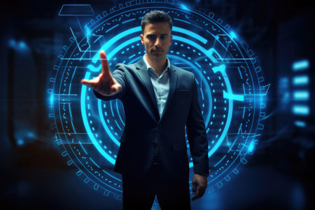 Businessman pressing high tech type of modern buttons on a virtual background, Businessman gesture protecting virtual blue dartboard with arrow, AI Generatedの素材