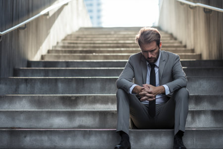 Young handsome businessman wearing a grey suit sitting on the stairs outdoors in an urban context, Businessman in depression sitting on ground street concrete stairs, AI Generatedの素材