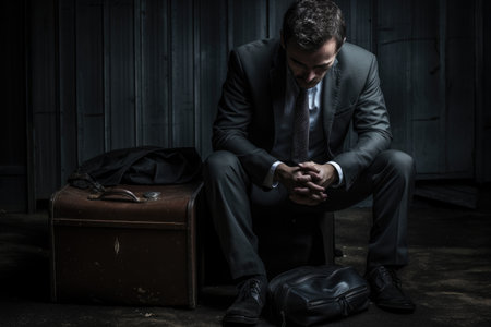 Young depressed businessman sitting on the stairs in a dark abandoned building, Businessman in depression, AI Generatedの素材