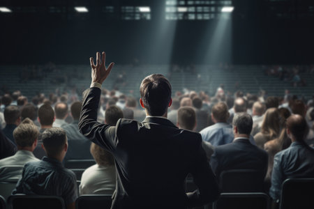 Rear view of businessman pointing with finger at crowd in concert hall, businessman standing hand rise asking question in midddel of seminar convention hall, AI Generatedの素材