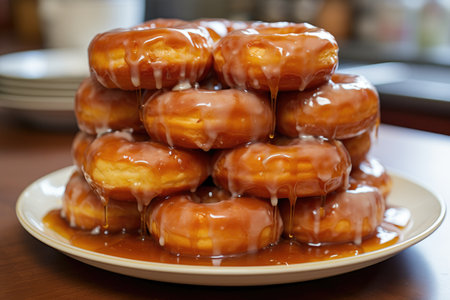 Delicious donuts with caramel glaze on a plate in a cafe, A dozen glazed donuts, warm from the fryer, AI Generatedの素材
