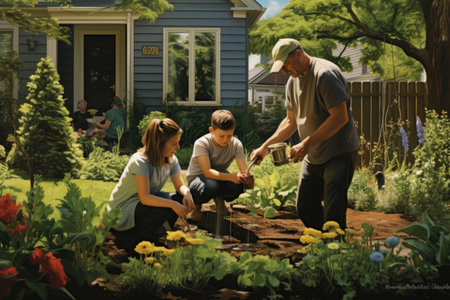 Family planting flowers in the backyard of their home in the summer, A family planting a garden in their backyard, AI Generatedの素材