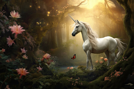 Unicorn in the magic forest. Fairytale scene. 3D rendering, AI Generatedの素材