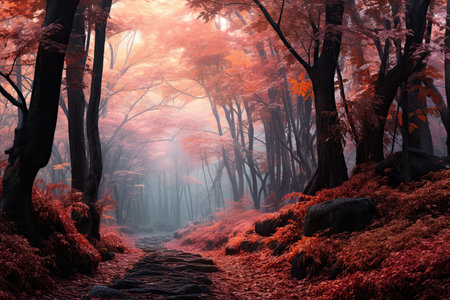 Autumn forest with fog in the morning. 3D rendering, AI Generatedの素材