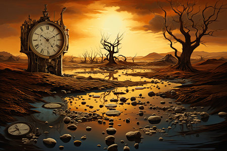 abstract scene with old clocks on the background of a beautiful sunset, AI Generatedの素材