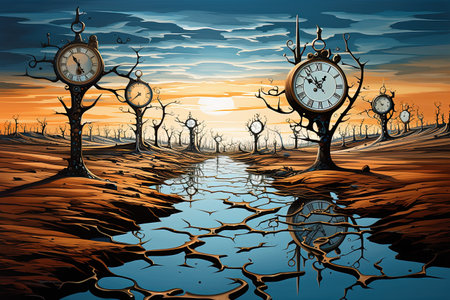 Vintage clock in the swamp at sunset. 3D illustration, AI Generatedの素材
