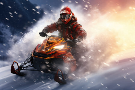 Athlete on a snowmobile. Extreme sport. Digital painting, AI Generatedの素材