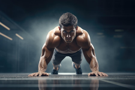 Portrait Of A Young Man Doing Pushups As Part Of Bodybuilding Training, Athlete in starting position, AI Generatedの素材