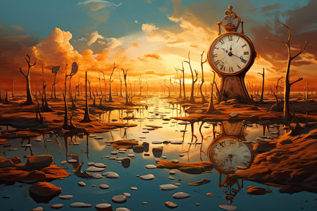 Illustration of a surreal landscape with a clock in the foreground, AI Generatedの素材