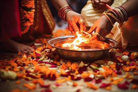 Hands of indian people pouring water on flower petals in a bowl, AI Generatedの素材