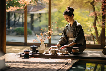 Japanese woman in kimono and tea ceremony in a Japanese garden, AI Generatedの素材