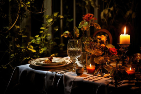Romantic dinner setting with wine and orange roses. Selective focus, Candle light dinner, AI Generatedの素材
