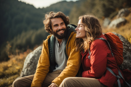 Happy young couple sitting on top of a mountain and looking at each other, Carefree couple enjoys in view while taking break during hiking in nature, AI Generatedの素材