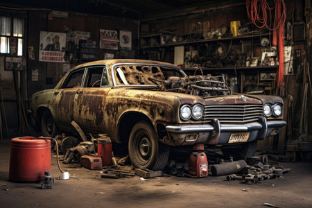 Abandoned car in the garage of a car repair shop, car in auto repair shop, AI Generatedの素材