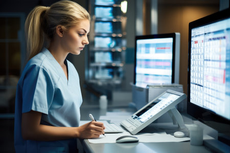 Female doctor using a mobile phone and a computer screen in the office, Caucasian nurse checking appointments list on computer monitor, AI Generatedの素材