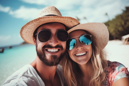 Happy young couple in sunglasses and hats at tropical beach during summer vacation, Caucasian perfect couple smiling on vacation Luxury travel concept, AI Generatedの素材