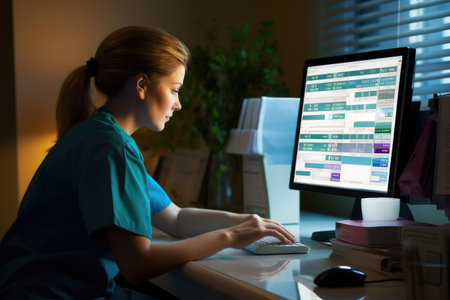 Portrait of a female doctor working on computer in the hospital, Caucasian nurse checking appointments list on computer monitor, AI Generatedの素材