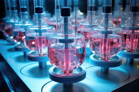 Laboratory test tubes with red liquid in a scientific research laboratory, cell culture at the laboratory of cell culture medical and medicine, AI Generatedの素材
