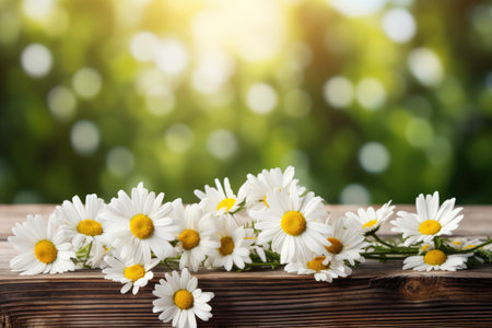 Beautiful daisies on wooden table outdoors. Space for text, Chamomile Flowers In Teacup On Wooden Table In Garden, AI Generatedの素材