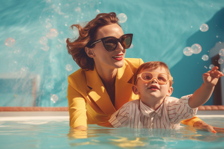 happy mother teaching son to swim in swimming pool at home during summer vacation, child playing in the pool together with mother, AI Generatedの素材