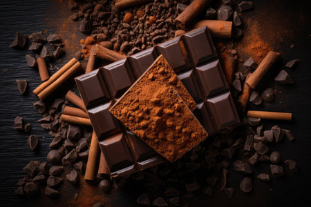Chocolate bars and cocoa powder on a black background. Selective focus, Chocolate background with chocolate bars, chips, and cocoa powder in an overhead shot, AI Generatedの素材