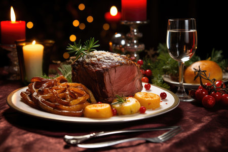 Christmas table with turkey and wine. Selective focus. Holiday background, Christmas meal, served on the table with decoration christmas, AI Generatedの素材